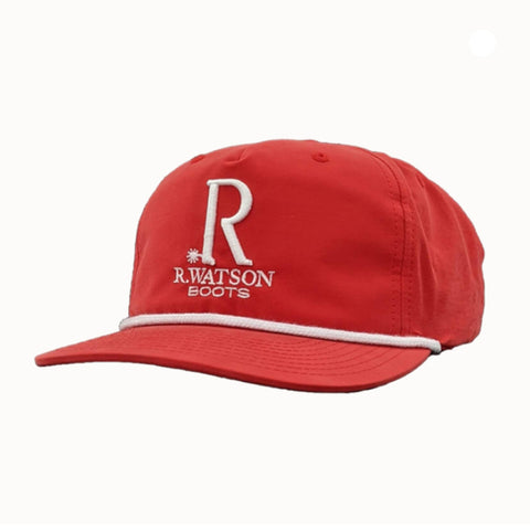 Red Snapback with White Embroidered R Watson Boots and Rope Detail