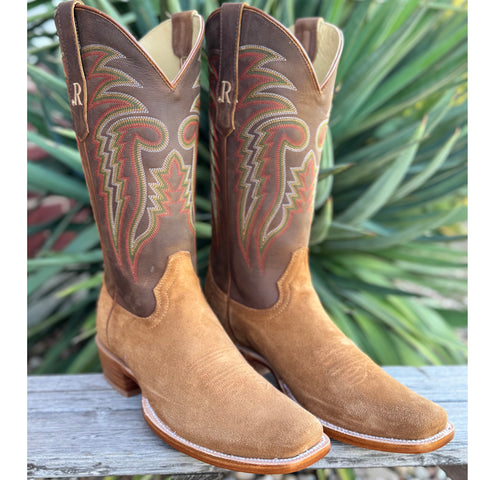 Tan roughout boot with brown top.