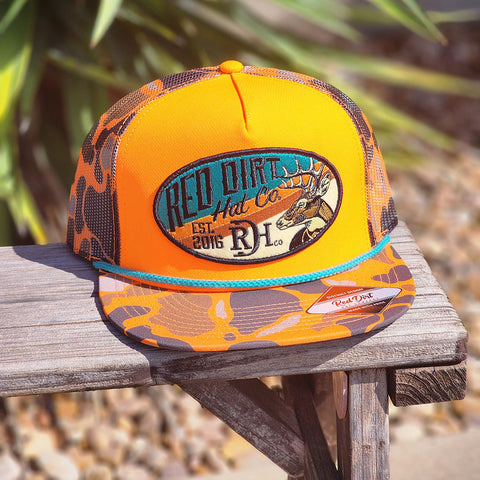 Flat bill, orange camo, mesh backing, snap back 