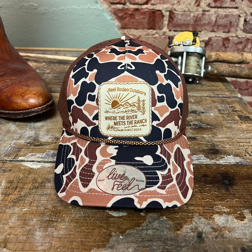 camo, speckled rope across, woven patch on front Reel Rodeo Outdoors