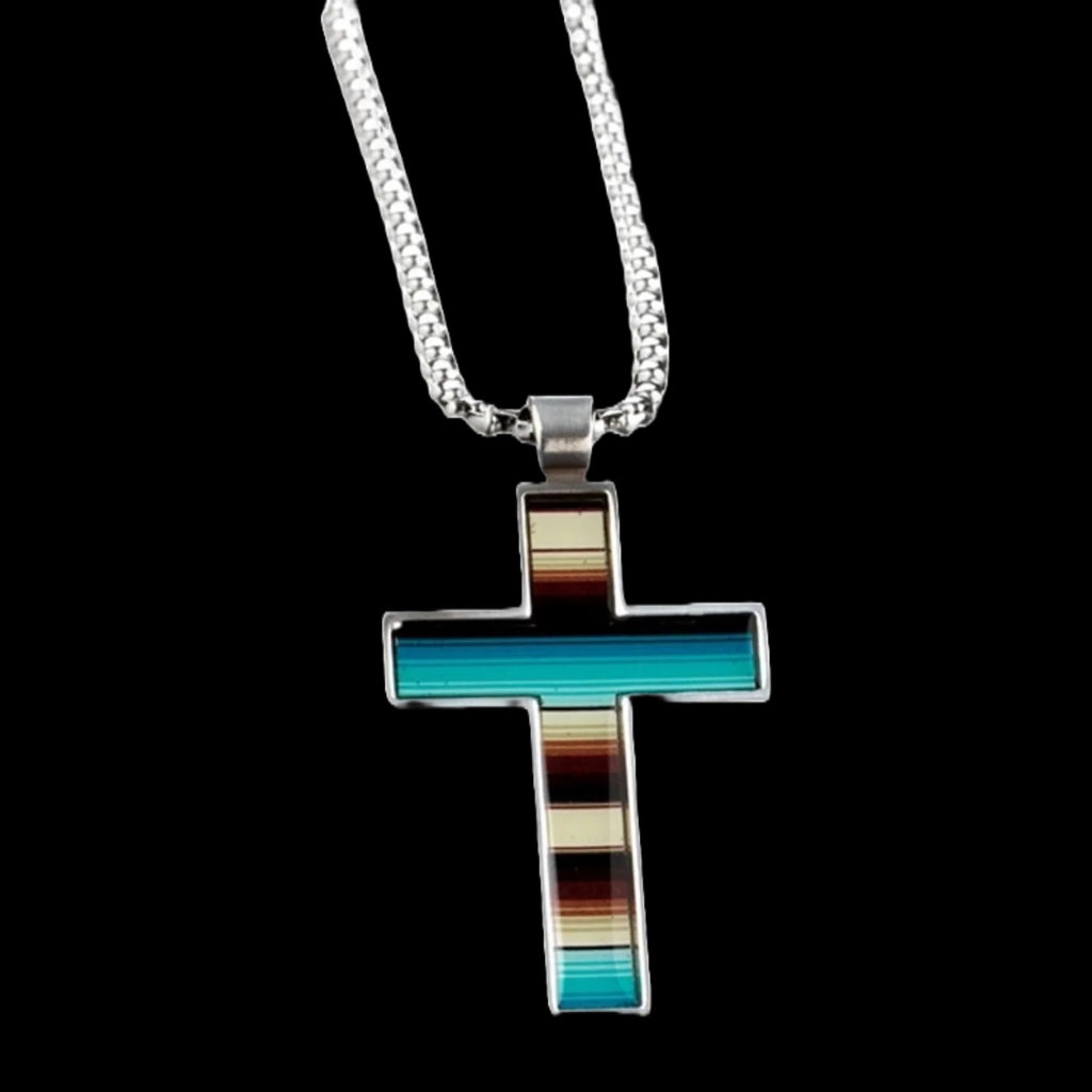 Close up view of Serape Striped Cross Chain necklace 