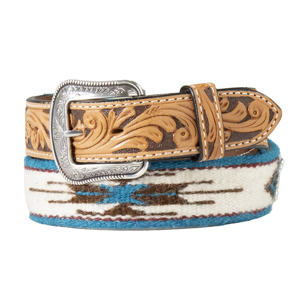 Coiled up view with the buckle of 3D Men's Wool Southwestern Turquoise Cross Tan Belt