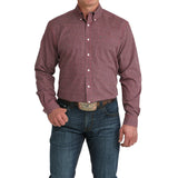 Pink geometric print long sleeve button down shirt with button down collar and a single open chest pocket. 