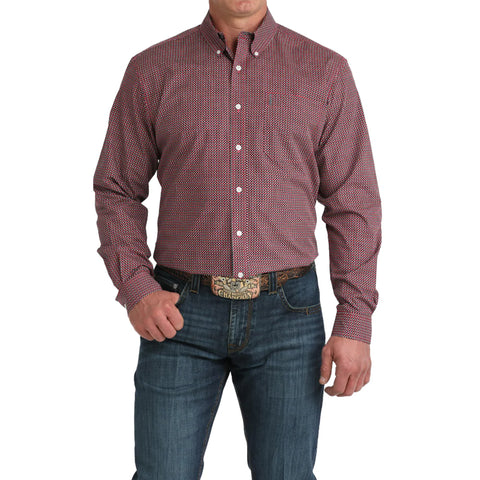 Pink geometric print long sleeve button down shirt with button down collar and a single open chest pocket. 