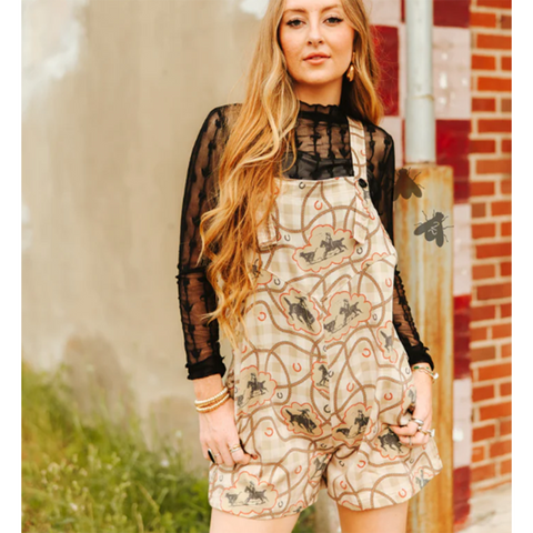 Tan and Black Western Romper with adjustable straps and pockets 