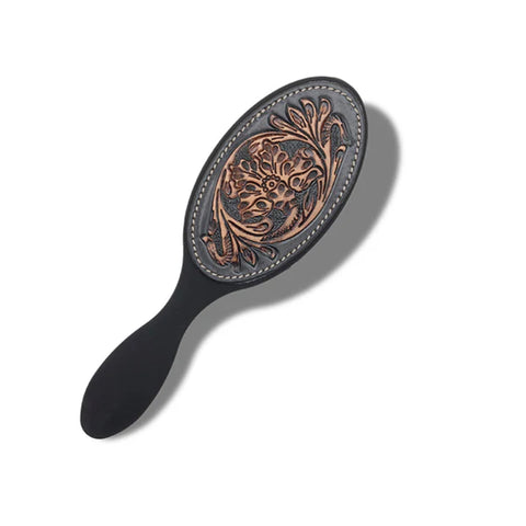 black handled and full form bristle brush with leather black & brown tooling