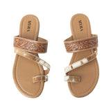 Top side view of strappy sandals. 