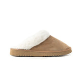 side view of slippers, light brown suede top with white faux fur lining