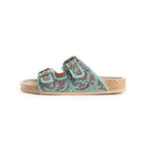 Side view of tooled turquoise sandals. 