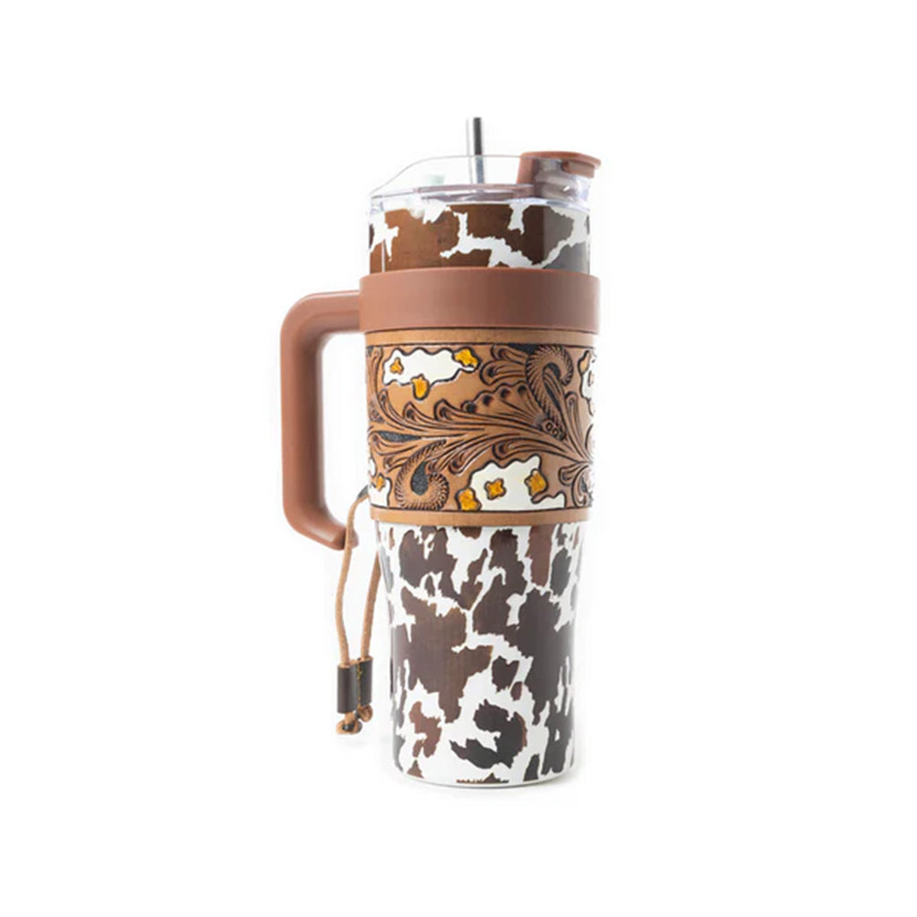 Brown Cowprint with Leather Holder Tumbler Side View