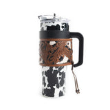 Black Cowprint with Leather Holder Tumbler Side View