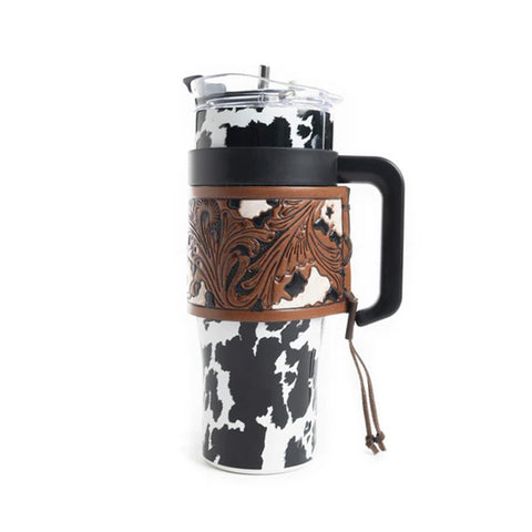 Black Cowprint with Leather Holder Tumbler Side View