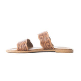 intricate floral embossing and traditional Western scrollwork on natural colored leather sandals