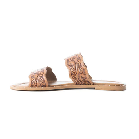 intricate floral embossing and traditional Western scrollwork on natural colored leather sandals
