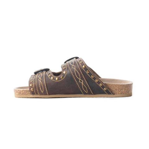 brown leather with authentic Western buckles, brass studs, and hand-stitched detailing.