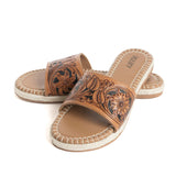 Pair of leather sandals with hand tooled flowers & leaves
