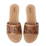 Pair of leather sandals with hand tooled flowers & leaves

