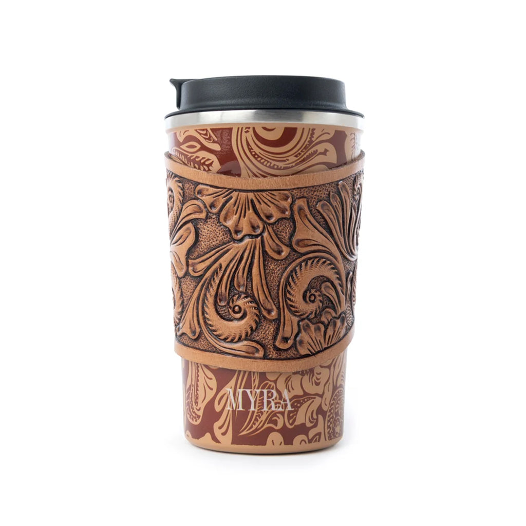 Myra Brown Baroque Leather Steel Mug with leather wrap on it.