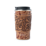 Myra Brown Baroque Leather Steel Mug with leather wrap on it.