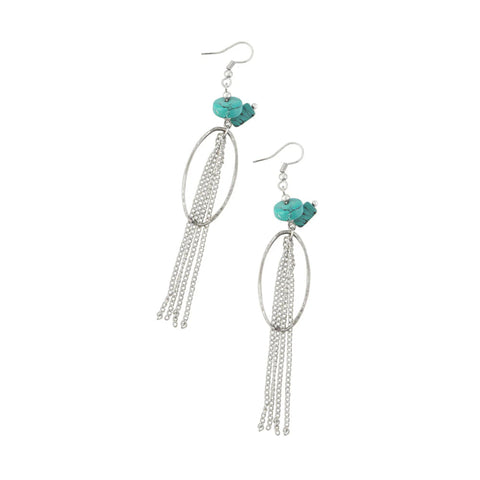 Silver earrings with two turquoise beads on top, a hoop underneath, and silver chains that dangle below. 