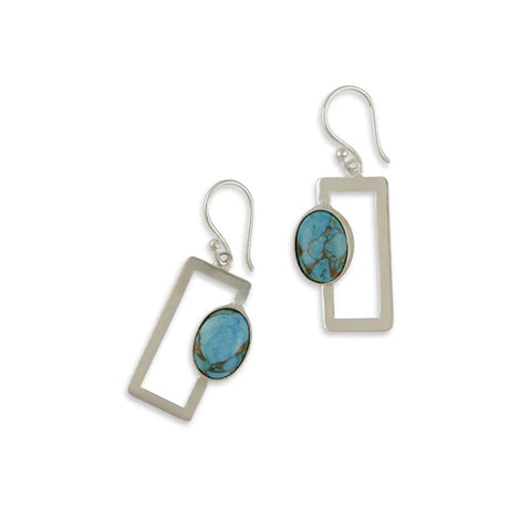 Silver rectangular earrings with an oval shaped turquoise stone on the face side.