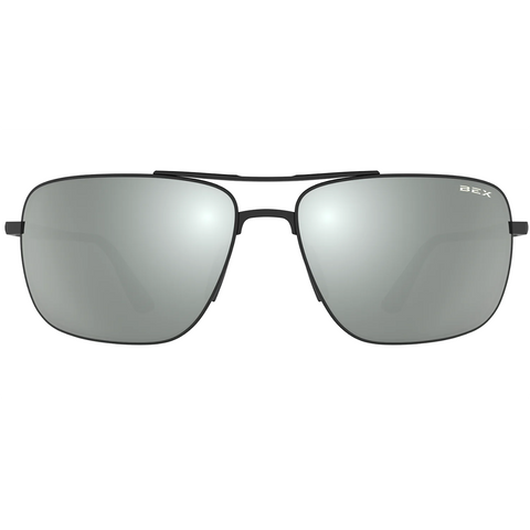 Bex Porter Sunglasses. They have a matte black frame with gray tinted lenses with a silver flash.
