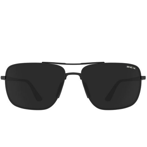 Bex Porter Sunglasses. They have a matte black frame and gray tinted lenses.