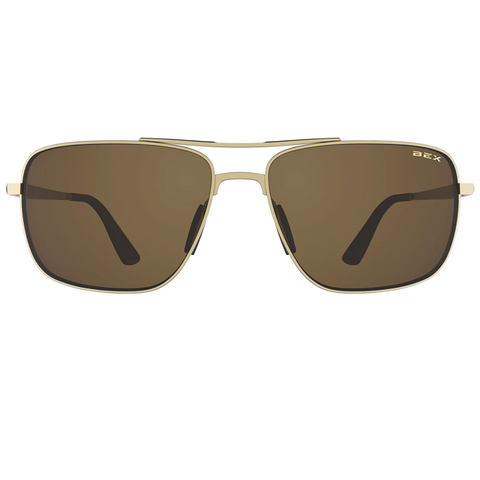 Bex Porter Sunglasses. They have a matte gold frame and brown tinted lenses.