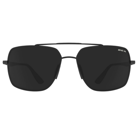 Bex Wing Sunglasses. They have a matte black frame and gray tinted lenses.