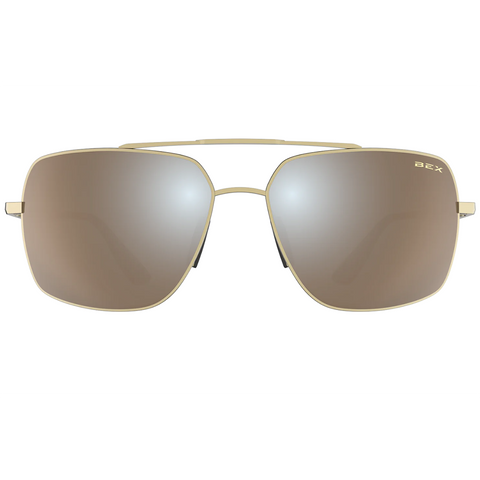 Bex Wing Sunglasses. They have a matte gold frame and brown tinted lenses with a silver flash.