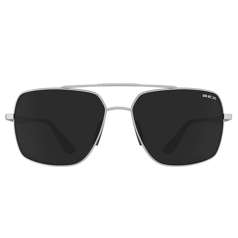 Bex Wing Sunglasses. They have a matte silver frame and gray tinted lenses.