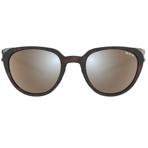 Bex Lind Sunglasses They have a tortoise brown frame and brown tinted lenses with a silver flash.