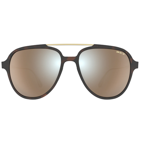 Bex Kabb Sunglasses. They have a tortoise brown frame and brown tinted lenses with a silver flash.