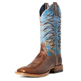 Front view of Ariat men’s brown and blue square toe boots with western stitching