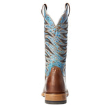 Back angle of Ariat brown and blue boots with reinforced heel and leather pull straps