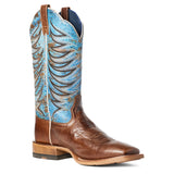 Brown cowboy boot with blue and brown pattern