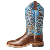 Side profile of Ariat men’s boots with blue shaft and brown footbed