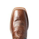 Close-up of a brown leather boot with detailed stitching