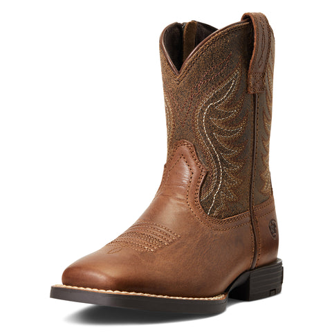 Ariat Kid’s Sorrel Amos Square Toe Boot in brown leather on a white background with classic Western stitching.