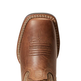 Toe view of Ariat Sorrel Amos kids’ boot with Western stitching.