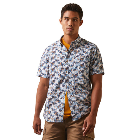 Blue Palms and Steer Skull Print Short Sleeve Shirt