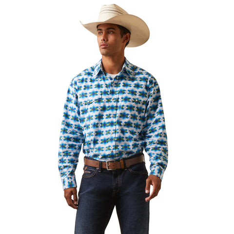 White/Green and Blue Geo Print Ling Sleeve Snap Shirt