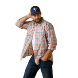 Blue/White and Orange Retro Snap Long Sleeve Shirt with Two Chest Pockets