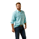 Ariat Men's Solid Aquatic Long Sleeve Shirt with pearl snaps and button-down collar in vibrant blue