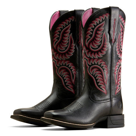 Black Deer Tan Square Toe Boot with Pink and White Stitching