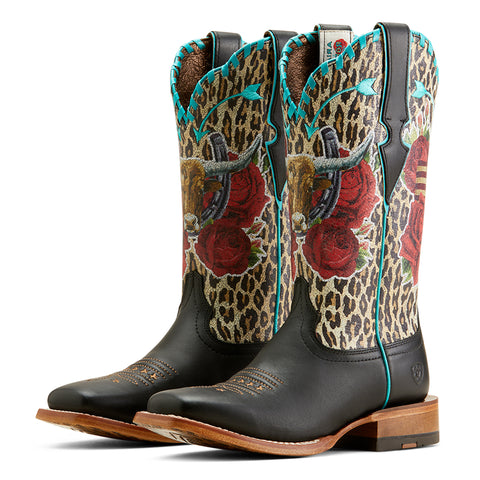 Ariat Women's Black Quincy Square Toe Boot front view with bold graphic shaft and square toe