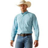 Turquoise Diamond Print Button-up Long Sleeve Shirt with a Single Pocket