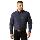 Navy Dot Print Button-up Long Sleeve Shirt with a Single Pocket