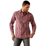 Red Retro Striped Snap Long Sleeve Shirt with Two Chest Pockets