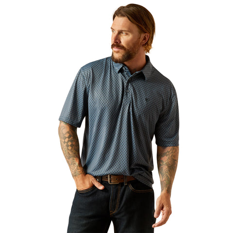 Navy Blue Print Polo with Collar and Three Buttons